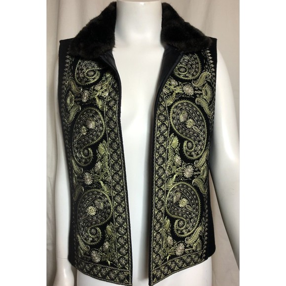 LINDA ALLARD ELLEN TRACY Wool Vest Embroidered Black Faux Fur Collar Small - Picture 2 of 12